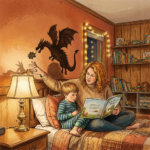 A mother and child reading a dragon storybook with dragon shadows on the wall