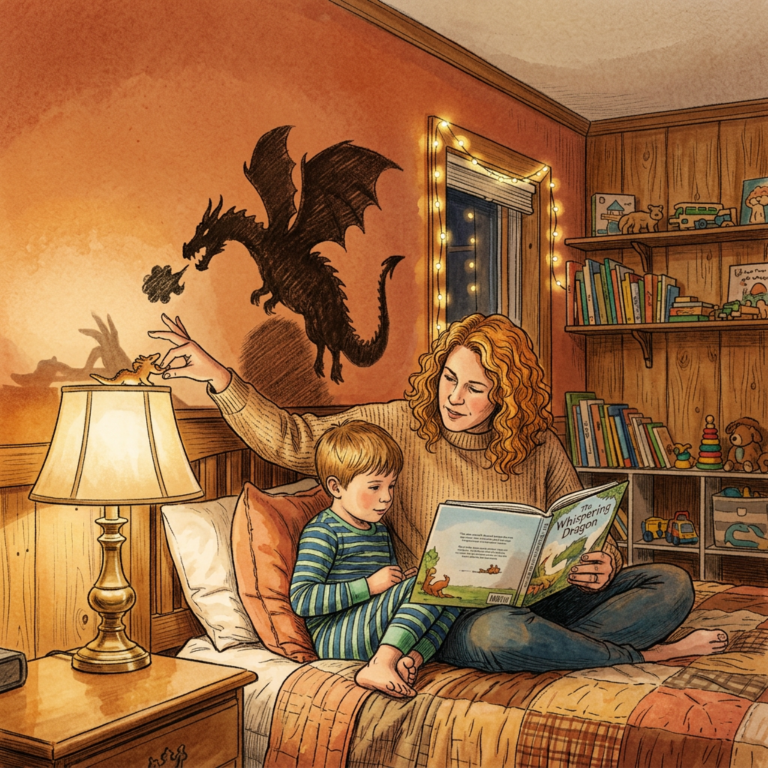 A mother and child reading a dragon storybook with dragon shadows on the wall